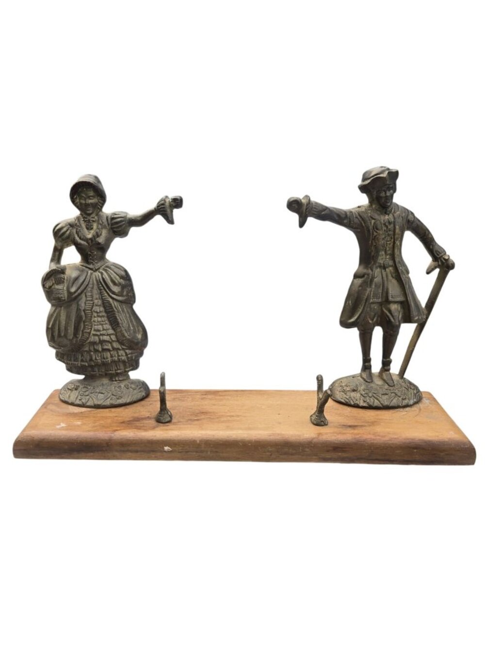 Vintage Cast Iron Colonial Couple Mounted On Wooden Base Gong Holder AS IS